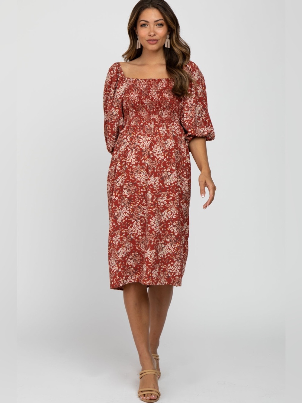 Vine & Love Rust Floral Puff-Sleeve Dress Size Medium - C73-044